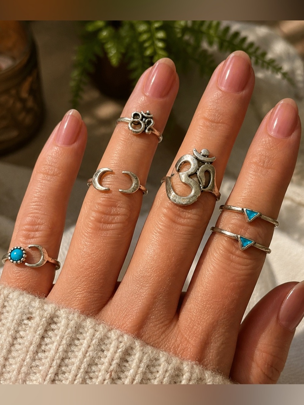 Boho Silver 6 Ring Set w/ Turquoise + Moon & Om Designs | Stackable Jewelry NEW